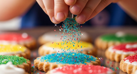 A child's hands are shown up close, carefully decorating homemade sugar cookies with a vibrant array of colorful sprinkles. This festive baking activity captures the joy and creativity of childhood inの素材