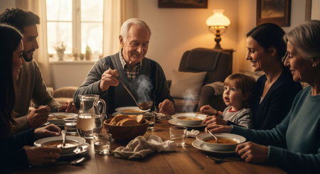A multi-generational family enjoys a heartwarming dinner together around a wooden table. The grandfather serves steaming soup to his smiling family in a cozy home environment.の素材