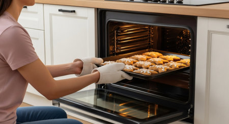 A woman wearing oven mitts is carefully taking a tray of decorated cookies from a hot oven in a modern kitchen. These freshly baked homemade treats are ready to be enjoyed.の素材