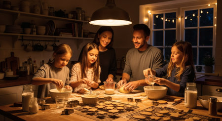 A happy family enjoys a cozy evening baking homemade cookies together in their kitchen. Children learn and have fun preparing sweet treats.の素材