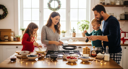 A happy family, including a mother, father, and two children, is making pancakes in a bright kitchen adorned with holiday decorations. They are enjoying a joyful domestic activity together.の素材