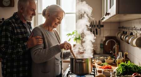 An elderly couple shares a tender moment while cooking a healthy meal together in their cozy kitchen. The senior woman stirs a steaming pot on the stove as her husband stands close, offering support aの素材