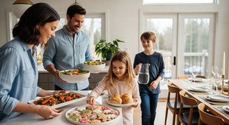 A joyful family collaboratively prepares and serves a homemade dinner in a bright, modern kitchen. Parents and children work together, bringing fresh food and decorated cookies to the dining table.の素材