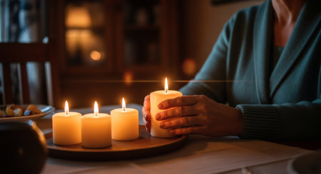 A woman gently holds a lit candle, adding to the warm and cozy evening ambiance. The scene creates a peaceful and intimate mood, perfect for relaxation.の素材