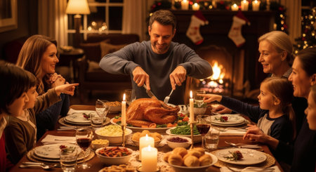 A multi-generational family enjoys a festive holiday dinner around a beautifully set table. A man carves a roasted turkey as the family gathers happily in a warm, cozy atmosphere with candlelight andの素材