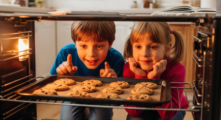 Two excited children are closely watching a tray of freshly baked cookies in a warm oven. Their anticipation for the delicious homemade treats is palpable as they wait for them to be ready.の素材