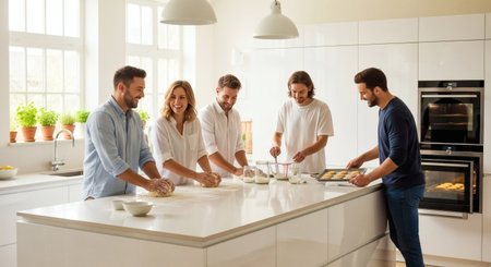 A group of joyful friends are baking together in a modern white kitchen, making delicious cookies and kneading dough for homemade treats. They are smiling and enjoying their collaborative cooking actiの素材