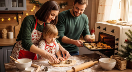A joyful family bakes Christmas cookies together in a cozy kitchen. Parents and their toddler child enjoy a festive holiday tradition, making delicious homemade treats.の素材