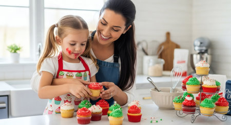 A smiling mother helps her young daughter decorate festive cupcakes with frosting and sprinkles in a modern kitchen. The little girl has frosting on her face, showing their fun and joyful baking activの素材