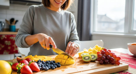 A smiling woman prepares a healthy snack by cutting fresh mango and colorful fruit on a wooden board in a bright kitchen. This vibrant display of nutritious food emphasizes a wholesome lifestyle and wの素材