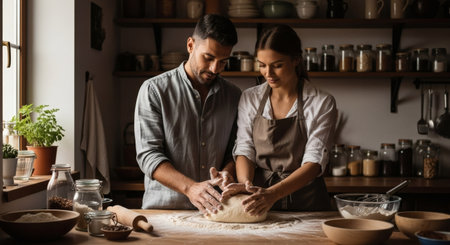 A joyful couple is kneading fresh dough together on a rustic kitchen counter, surrounded by baking ingredients and plants. This heartwarming scene captures the warmth of home cooking and shared culinaの素材