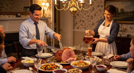 A happy family enjoys a festive dinner together. A man carves a large ham while a woman serves drinks, creating a warm and traditional atmosphere.の素材