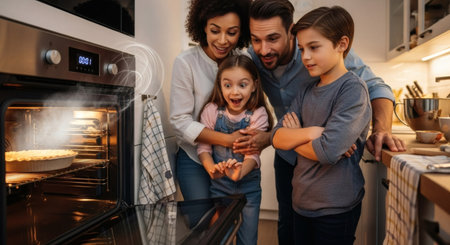 A happy family, including parents and two children, eagerly watches a pie baking in a modern oven. The little girl shows visible excitement during this heartwarming domestic baking moment in their cozの素材