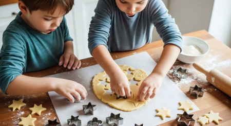 Two young boys are engrossed in baking star-shaped cookies together in a sunlit kitchen. This activity fosters creativity and offers a joyous, fun experience for children.の素材