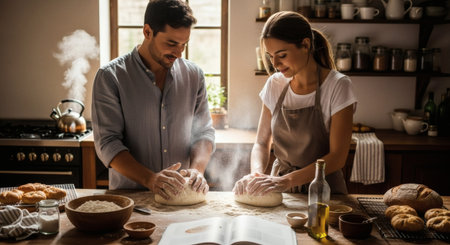A happy couple is actively engaged in baking, kneading homemade dough from scratch in a cozy kitchen. Flour dusts the air as they prepare fresh bread and pastries, enjoying a wholesome domestic activiの素材