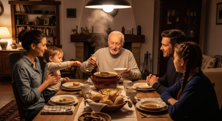 A happy multi-generational family enjoys a warm dinner together at home. The elderly grandfather serves steaming soup, fostering a joyful atmosphere of connection and togetherness around the dining taの素材