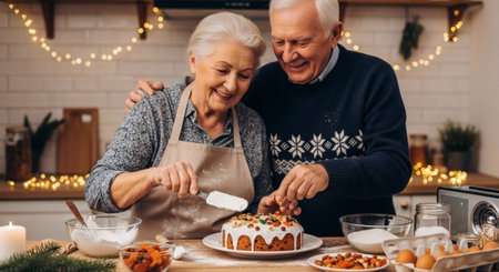 A joyful senior couple decorates a festive Christmas cake with frosting and colorful toppings in a warm kitchen. They are happily sharing a special moment of holiday baking together.の素材