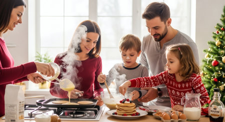 A delightful family enjoys making pancakes together in their kitchen on a festive Christmas morning. Parents and children are seen smiling and having fun while preparing a delicious breakfast meal.の素材