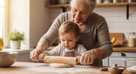 A loving grandmother gently guides her toddler grandchild in rolling dough on a flour-dusted kitchen counter. This heartwarming scene captures intergenerational bonding and the joy of shared activitieの素材