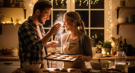 A young couple enjoys baking cookies together in a beautifully decorated kitchen. They share laughter as the man playfully dusts flour on the woman's nose, highlighting a fun and romantic domestic sceの素材