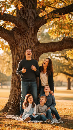 A happy family of five shares a joyful moment, laughing together against an autumn tree in a park. This candid outdoor portrait captures a warm golden light during fall.の素材