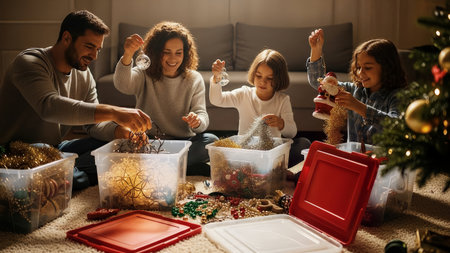 A joyful family enjoys a cozy moment at home, unboxing various festive ornaments and sparkling lights. They are preparing to decorate their Christmas tree together, creating a heartwarming holiday atmの素材