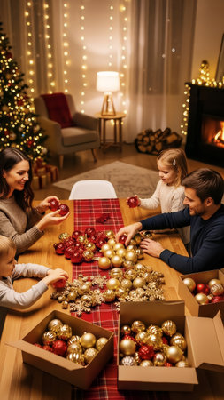 A joyful family is gathered around a table, actively engaged in decorating for the Christmas season. Parents and children collaboratively arrange festive red and gold ornaments, creating cherished holの素材