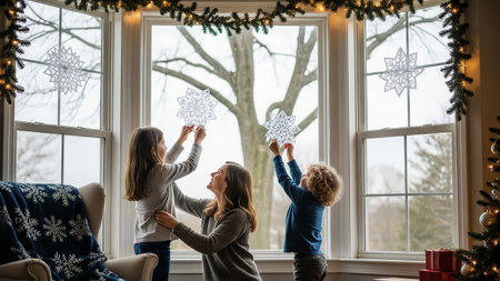 A happy family, a mother and her two children, are decorating their home for the winter holidays by hanging paper snowflakes on a large window. This scene captures the joy and warmth of family bondingの素材