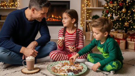 A father and his two children are sitting on the floor, enjoying a plate of festive Christmas cookies and hot chocolate by a warm fireplace. They are celebrating the holiday season together in a cozyの素材