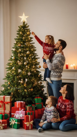A joyful family is decorating a Christmas tree with ornaments and lights in their festive home. Wrapped presents are piled under the tree, ready for a heartwarming holiday celebration.の素材