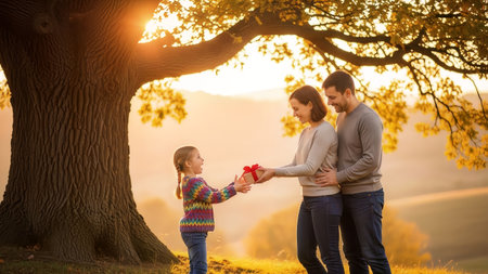 A happy family shares a special moment as a daughter receives a gift from her mother, with her father standing close by. The scene is bathed in warm golden light during a beautiful autumn sunset, highの素材