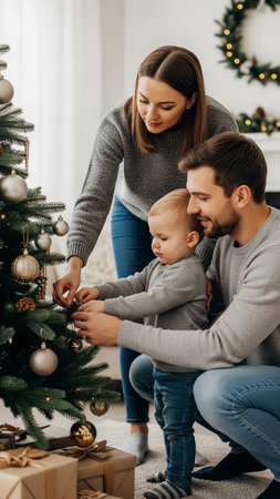 A young family enjoys decorating their Christmas tree together, creating lasting holiday memories. The cozy home is filled with festive spirit.の素材