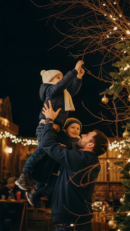 A father lifts his two young sons to interact with illuminated branches and festive lights during a joyful Christmas evening. This heartwarming family moment captures holiday togetherness and winter wの素材