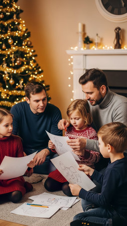 A happy family colors drawings together on the floor in a cozy living room decorated for Christmas. This scene depicts a warm holiday tradition.の素材