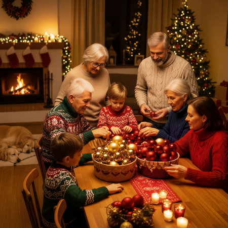 A multi-generational family is gathered around a table, decorating Christmas ornaments in a warm, festive home. Grandparents, parents, and children share a joyful holiday moment by the fireplace.の素材