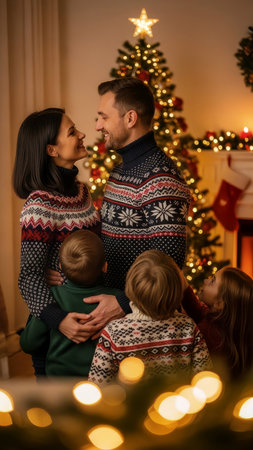 A happy family wears coordinating sweaters while celebrating Christmas together in a cozy, festive living room. The parents smile at each other with their children close by, surrounded by twinkling liの素材