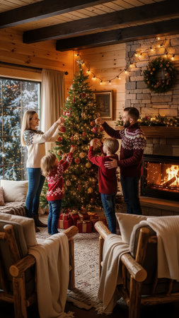 A happy family decorates a festive Christmas tree together in a cozy, rustic cabin. A warm fireplace and snowy window create a perfect winter holiday scene.の素材