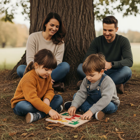 A happy family of four enjoys a day outdoors, with parents watching their young children play with a wooden puzzle under a large tree. The scene depicts joyful family bonding and leisurely activity inの素材
