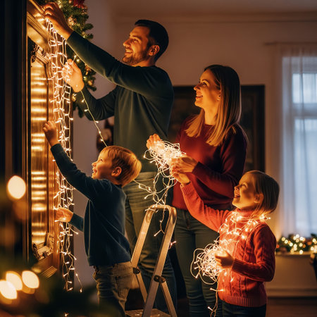 A cheerful family is decorating their home with glowing Christmas string lights. They are happily hanging festive decorations together, creating a warm and joyful atmosphere for the holidays.の素材