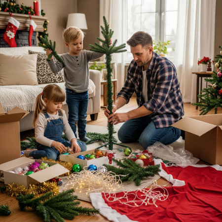 A father and his two young children are assembling an artificial Christmas tree on the living room floor. Colorful ornaments and fairy lights are spread out, ready to decorate the festive tree.の素材