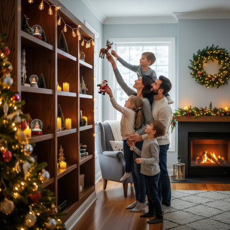 A happy family, including parents and children, decorates their cozy home for Christmas. They are busy placing festive ornaments on a bookshelf, preparing for the holiday season with joy and togethernの素材