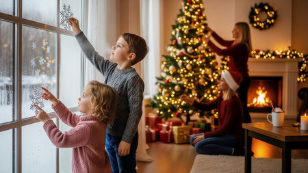 A family decorates their home for Christmas, with children placing snowflake decals on a window and adults trimming the festive tree in the background. The cozy scene features a warm fireplace and holの素材