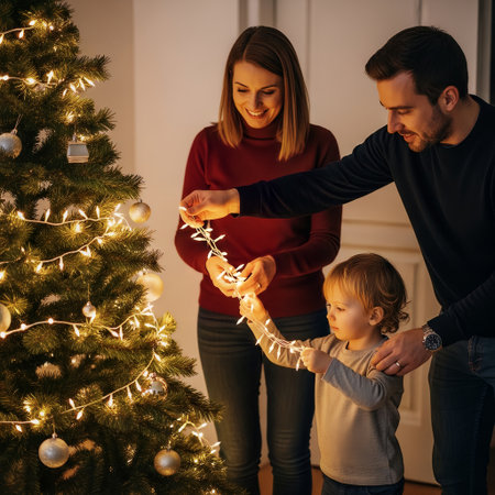 A happy family decorates their Christmas tree with warm string lights. Parents and their young child enjoy preparing for the festive holiday season together, creating cherished memories at home.の素材