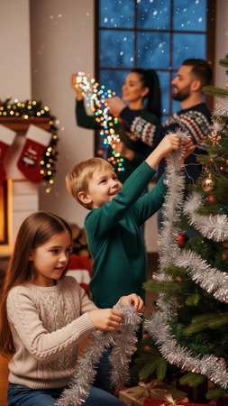 A joyful family works together to decorate their Christmas tree with sparkling tinsel and colorful lights. The festive scene takes place on a cozy evening with snow falling outside the window.の素材