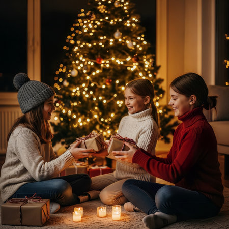 Three happy girls exchange Christmas gifts in a cozy home environment. A brightly lit Christmas tree and warm candlelight create a festive holiday atmosphere.の素材