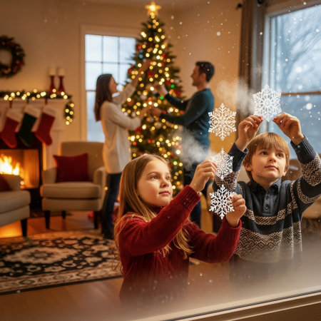 A family joyfully decorates their cozy home for Christmas, with parents arranging lights on the tree while children hold delicate snowflake ornaments near a window. The festive atmosphere is filled wiの素材