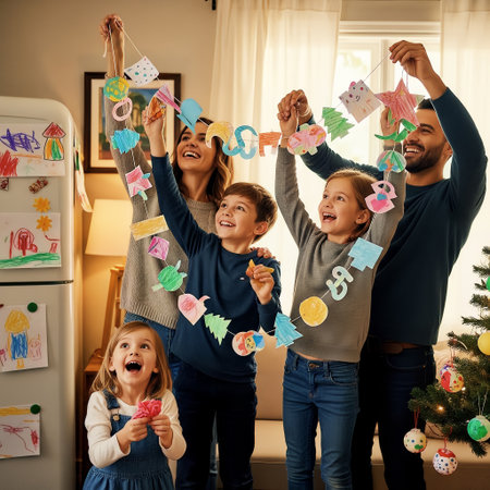 A happy family, including parents and three children, is enthusiastically decorating their home for the Christmas holiday. They are hanging a vibrant handmade paper garland, showcasing their creativitの素材