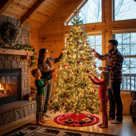 A joyful family decorates their Christmas tree in a cozy cabin, surrounded by festive lights and a warm fireplace. They share a happy holiday moment, celebrating winter togetherness.の素材