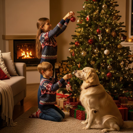 Two children and a golden retriever are joyfully decorating a festive Christmas tree. The cozy scene is filled with holiday spirit and warmth by a crackling fireplace.の素材