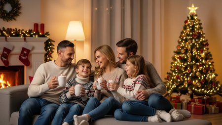 A happy family enjoys hot chocolate together in a cozy living room decorated for Christmas. They sit by the festive tree and fireplace, sharing a warm moment during the winter holidays.の素材